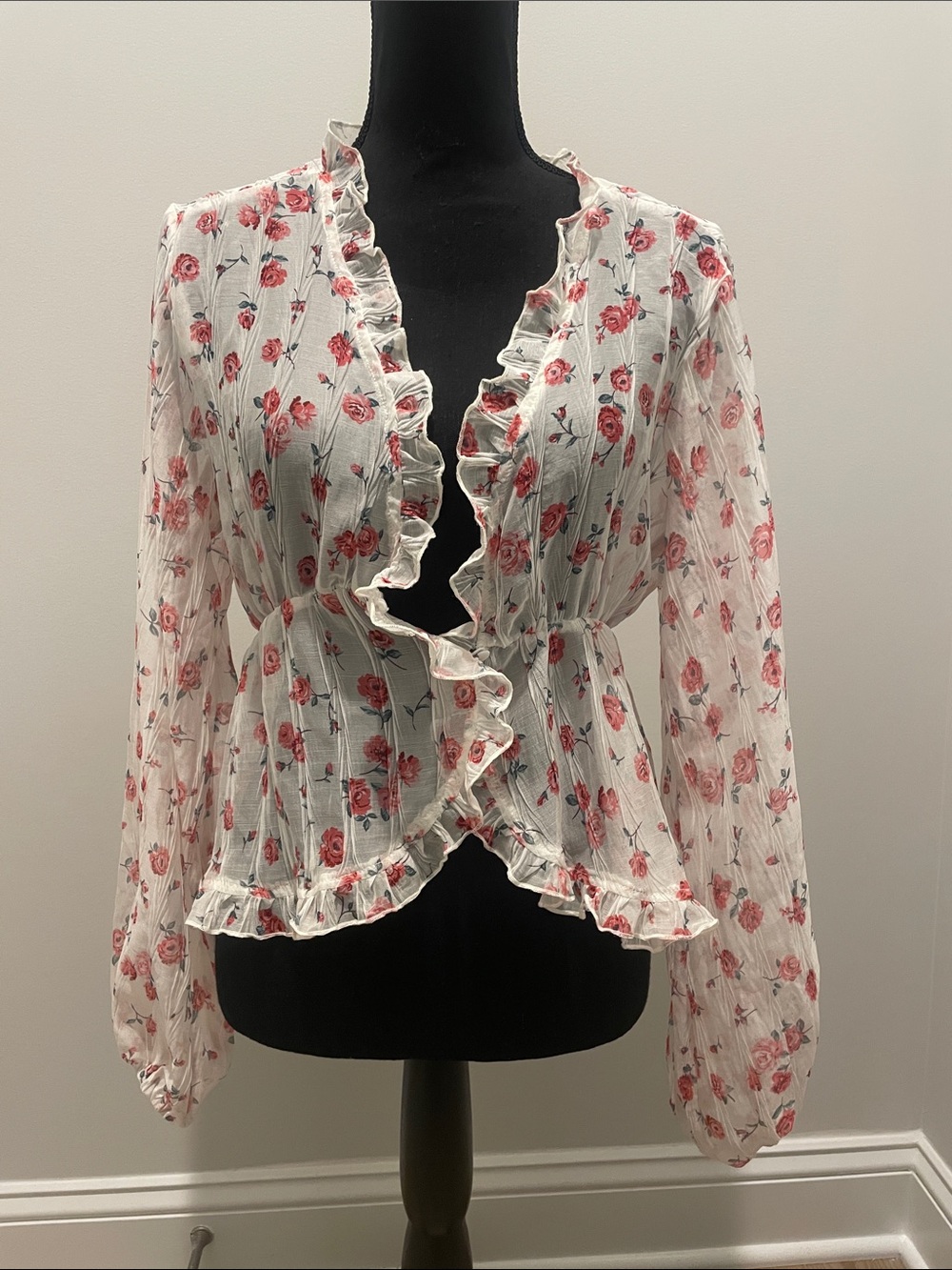Love Notes White Ruffle Front Blouse with Pink Rose Print